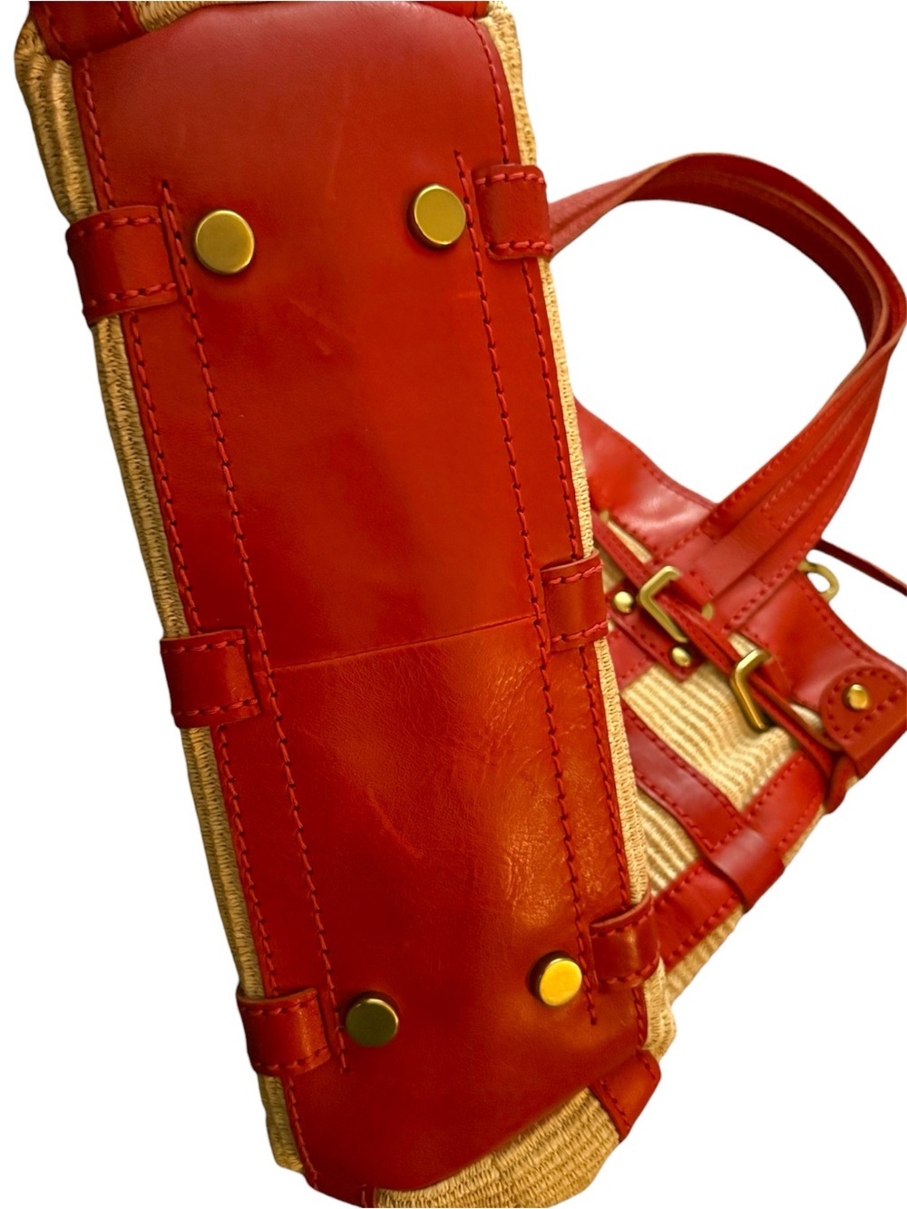 Fossil Fifty Four Red Leather Straw Oversized Tote Bag Woven Coastal Resort NWOT - Picture 4 of 8